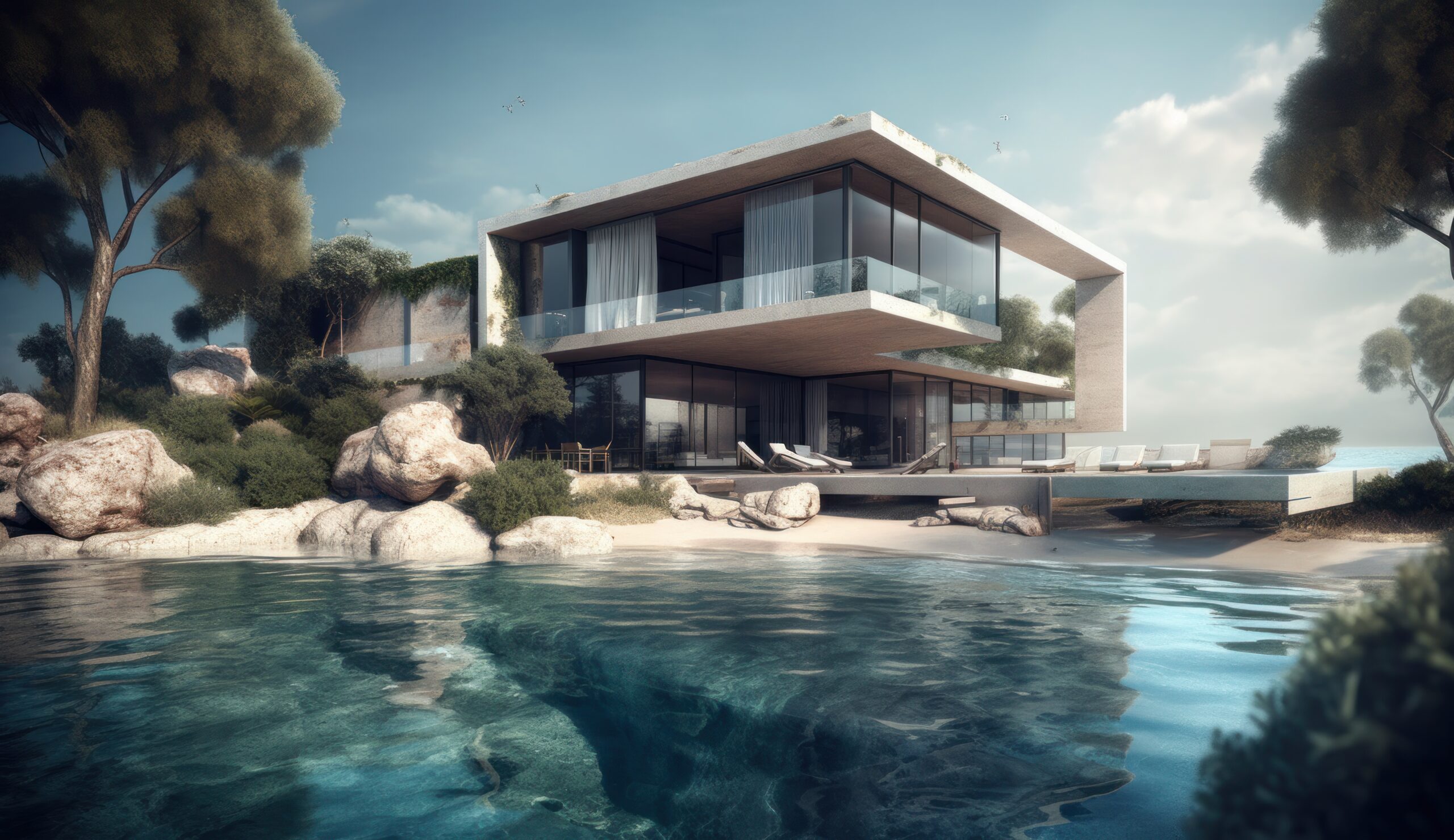 Design house - modern villa with open plan living and private bedroom wing. Large terrace with privacy and, swimming pool. Generative AI